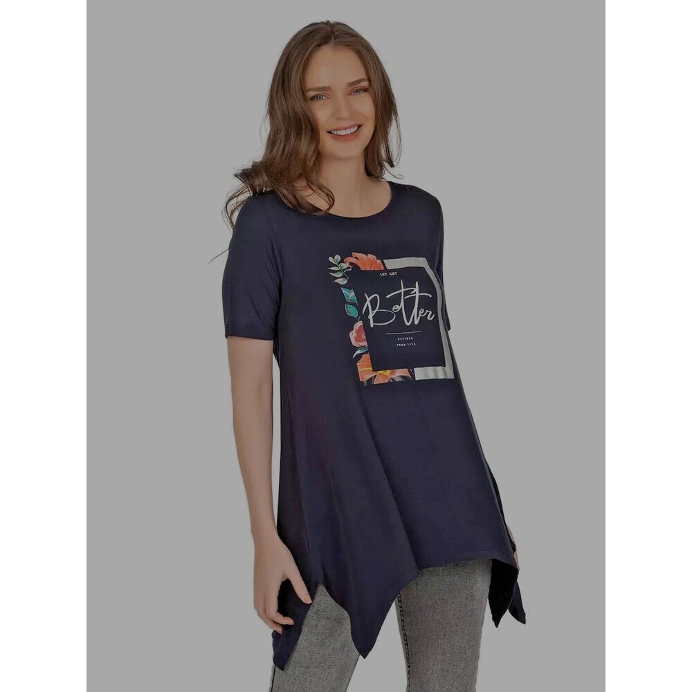 Women M/L Navy Blue Print Viscose Knit A Line Tunic Top Short Sleeve Casual Cozy